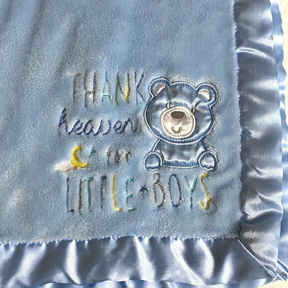 Baby Essentials Satin Trim Boy Blanket Throw Teddy Bear Embroidered Thank Heaven - Picture 1 of 6